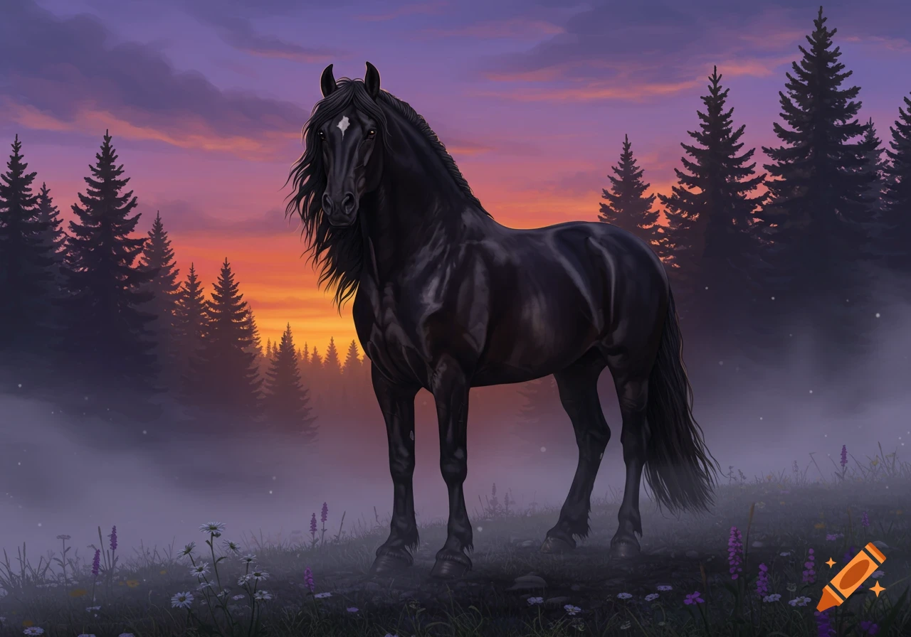 A powerful black stallion stands in a misty forest at sunset, with purple and orange skies and pine trees.
