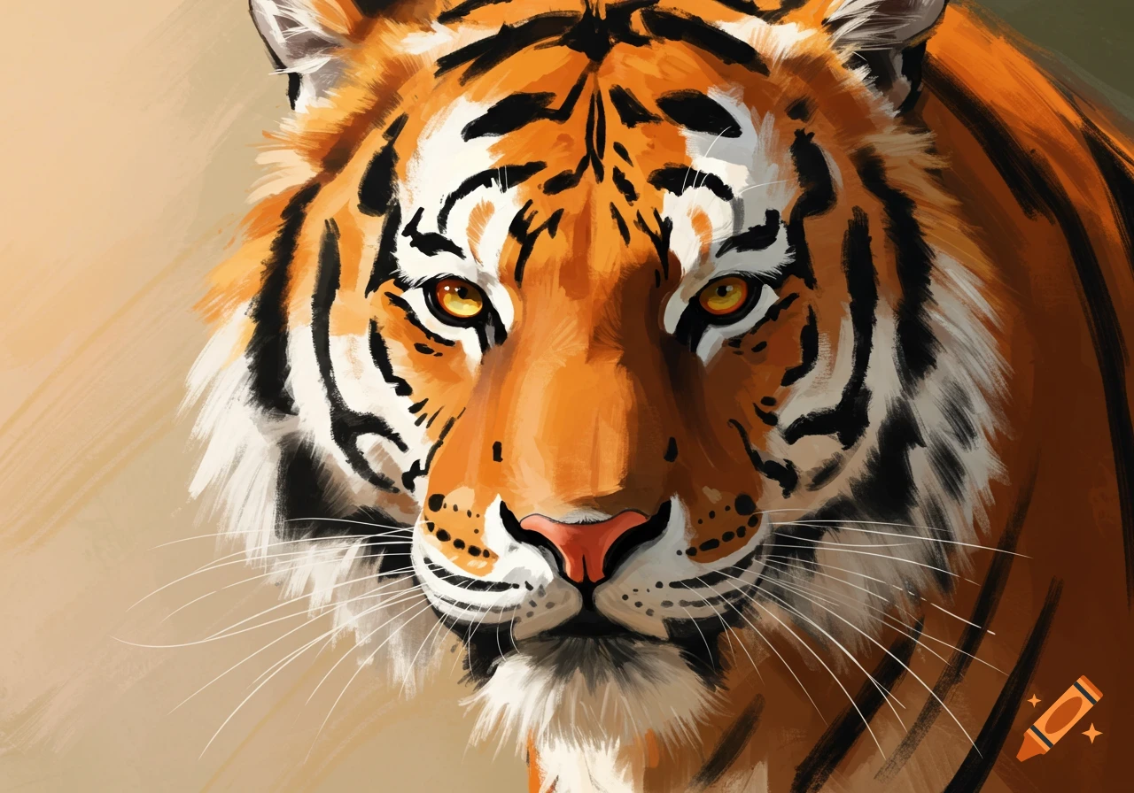 Close-up of a tiger's face with bright orange and black stripes, rendered in a painterly brush stroke style.