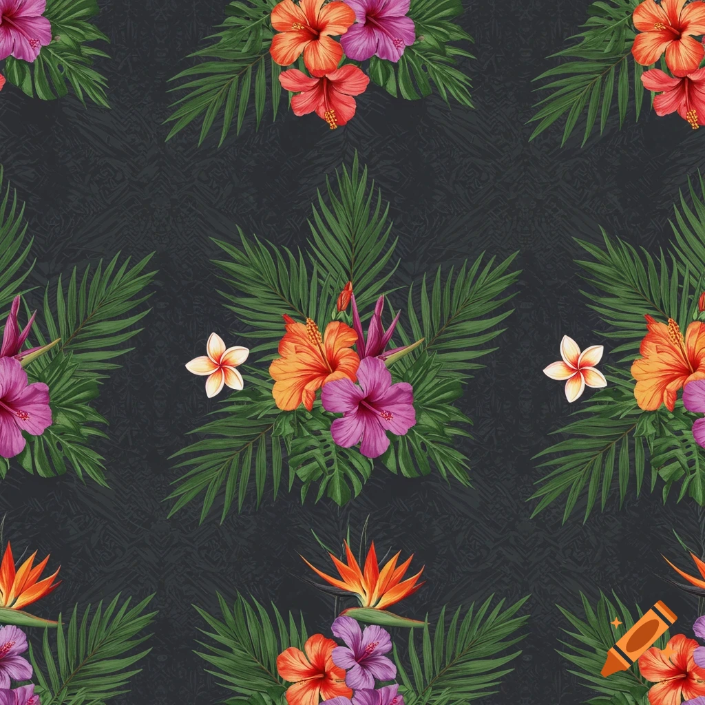 Seamless pattern with vibrant hibiscus, plumeria, and bird of paradise flowers, green palm fronds on a dark background.