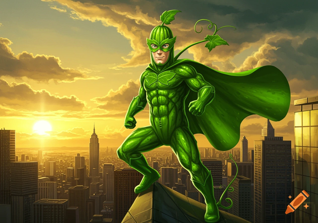 A superhero in a green, cucumber-themed suit and cape stands atop a skyscraper, overlooking a city skyline at sunset.
