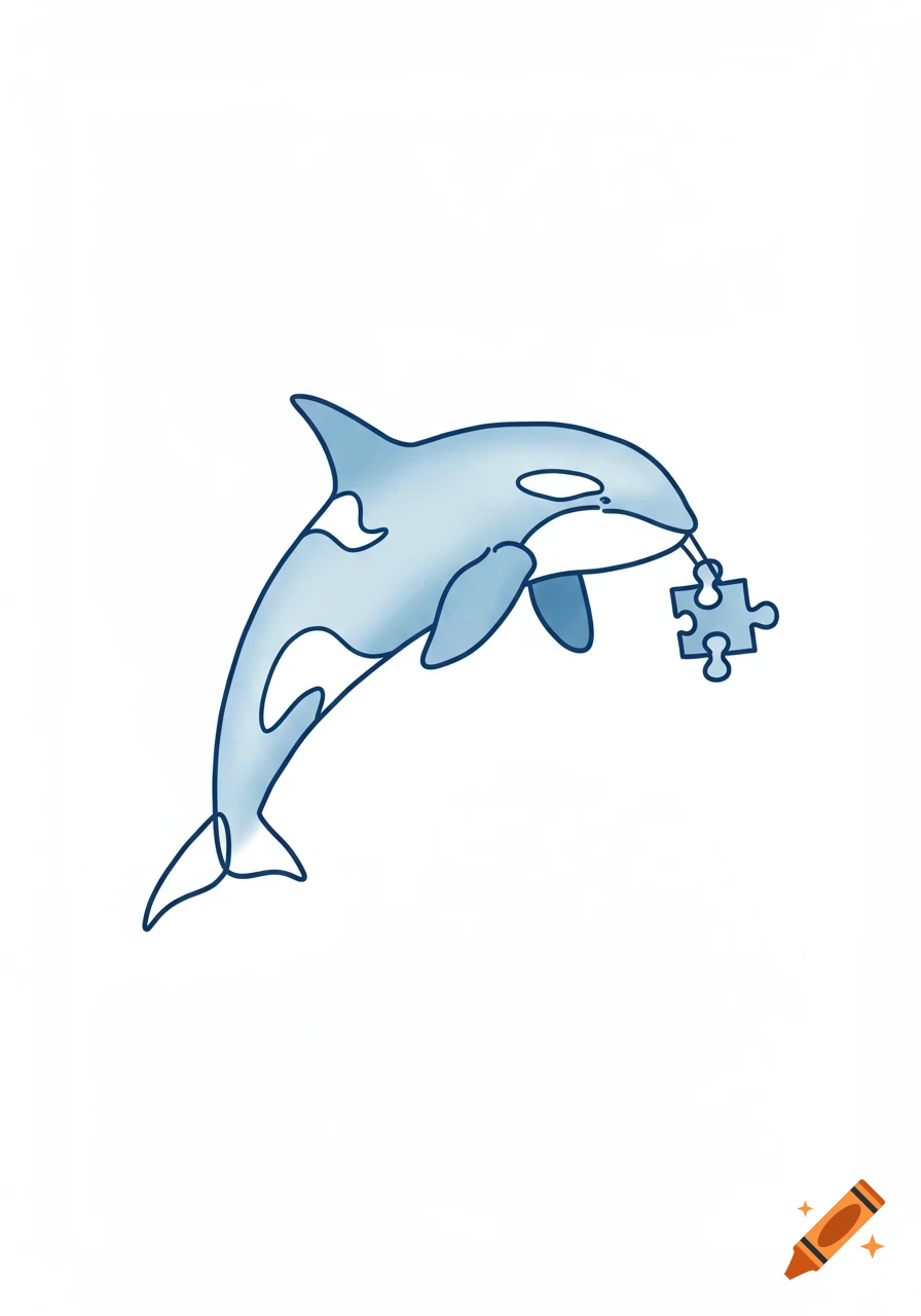 A simple line drawing of a blue orca holding a jigsaw puzzle piece.