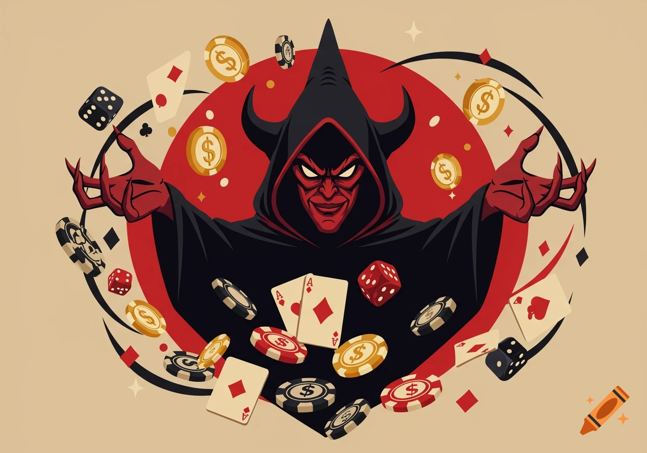 Stylized illustration of a red-faced devil in a black cloak with horns, surrounded by floating playing cards, poker chips, and dice.