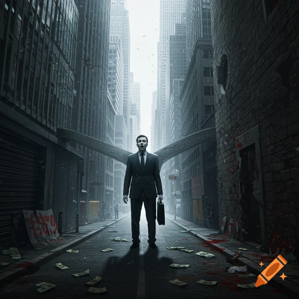 A man in a suit stands in a dark, debris-strewn city street, looking up with a fearful expression, with scattered money on the ground, in a photorealistic style.