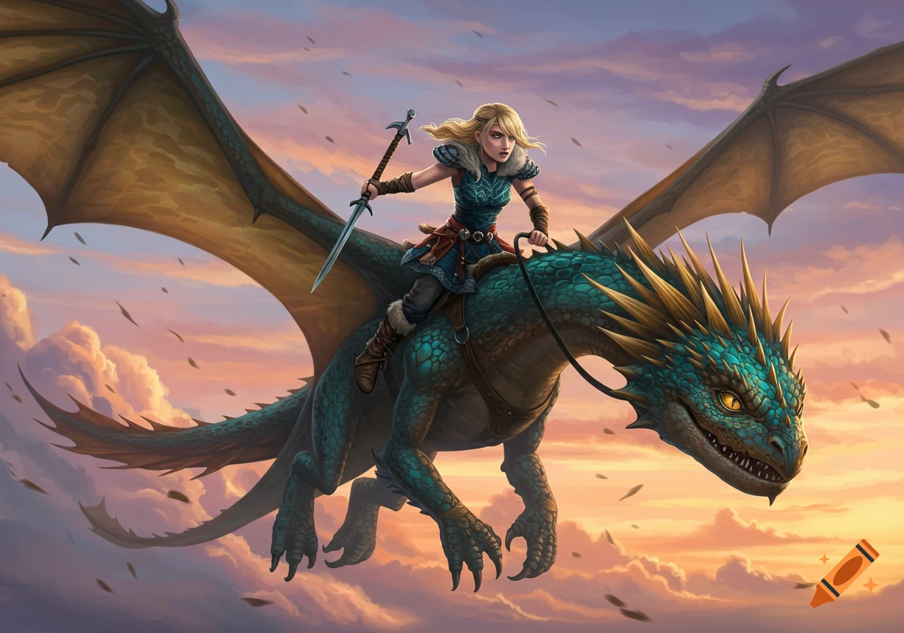 A blonde warrior woman in armor rides a teal dragon through a sunset sky.
