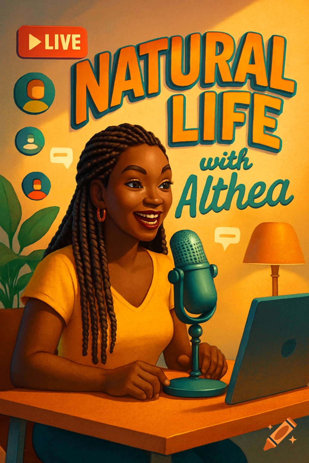 A smiling Black woman with braids hosts a live stream, speaking into a microphone with text 'Natural Life with Althea' above her.