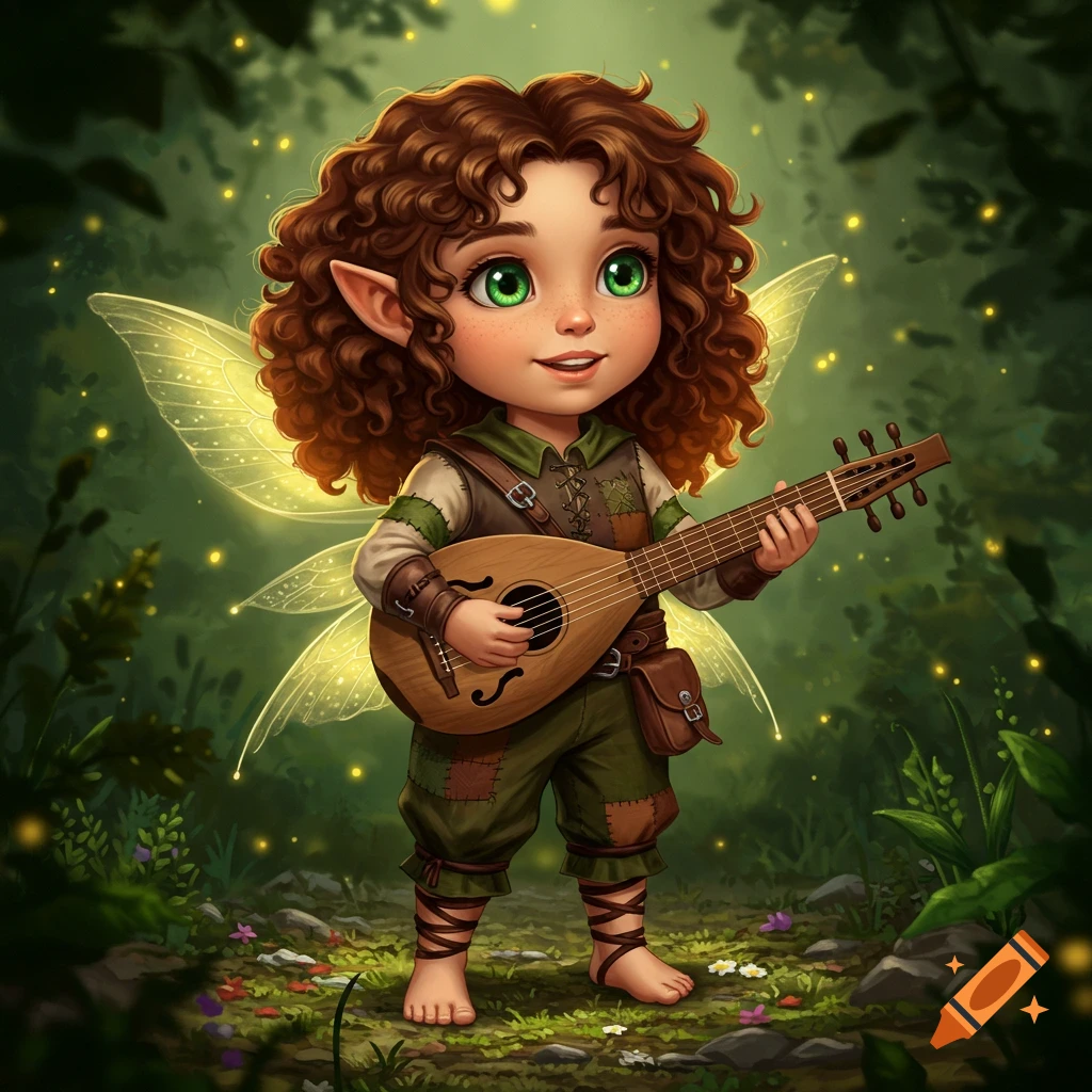 A cute, curly-haired fantasy character with green eyes and elf ears plays a lute in a whimsical forest with glowing fireflies.