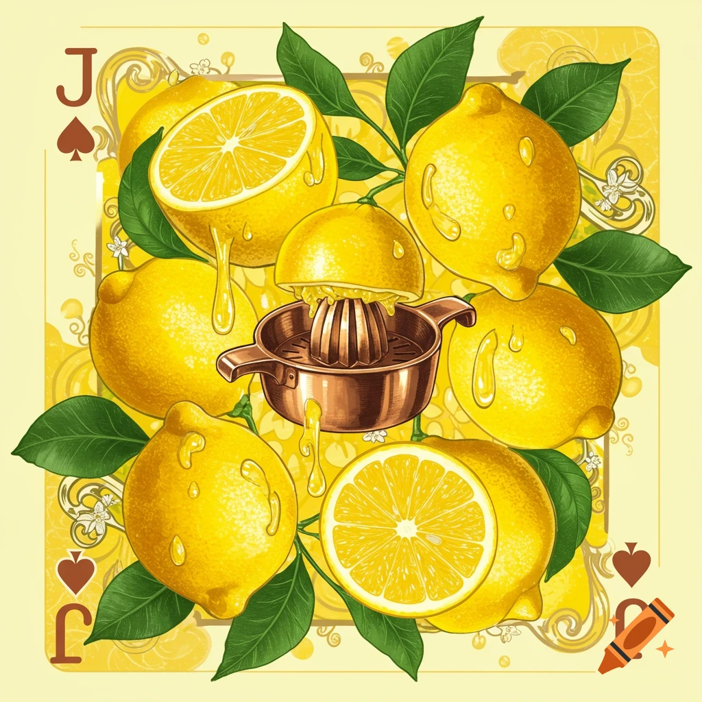 An illustration of lemons and a juicer, designed like a playing card with 'J' and spade/heart symbols.