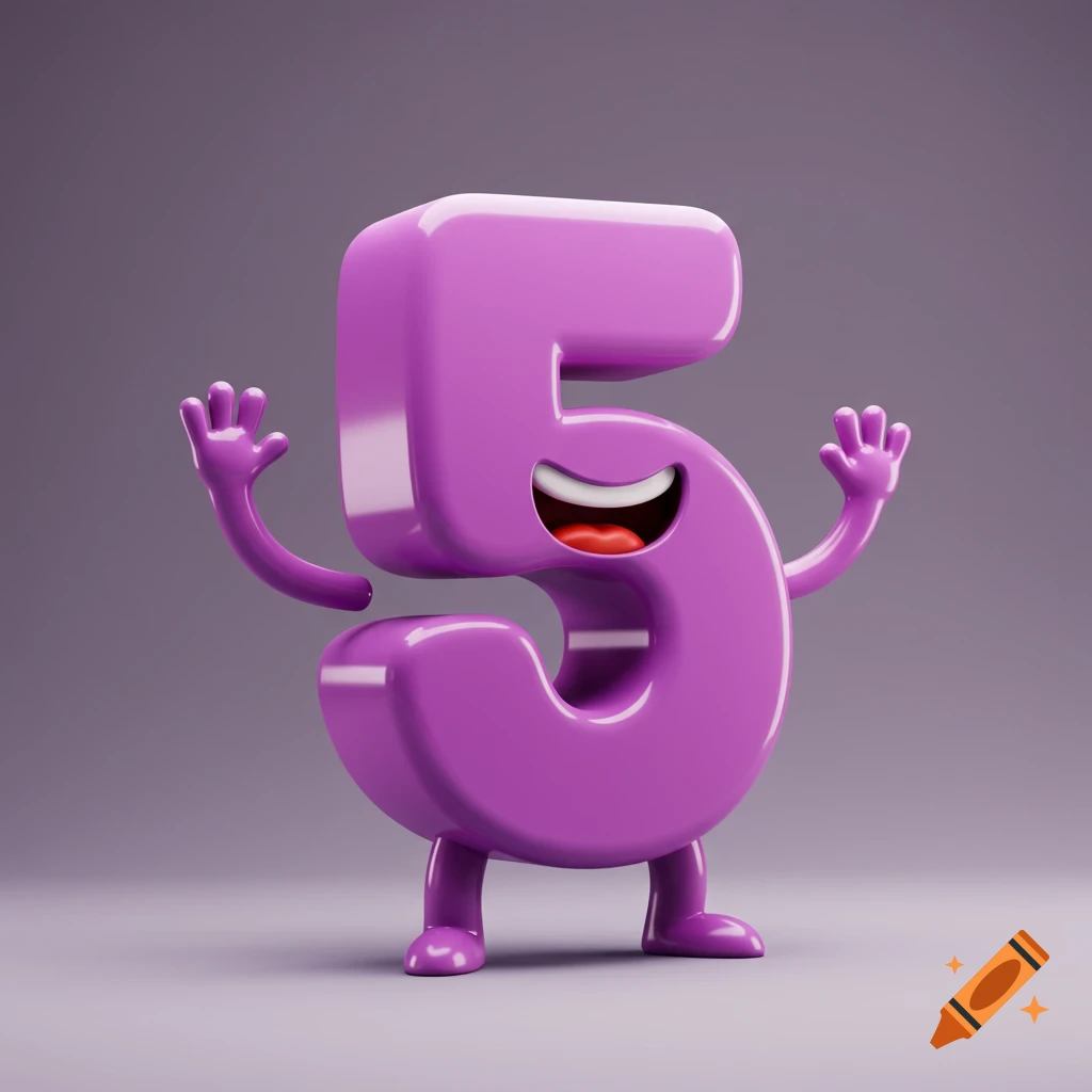 A shiny purple number five character with arms, legs, and a smiling mouth, waving, against a grey background.