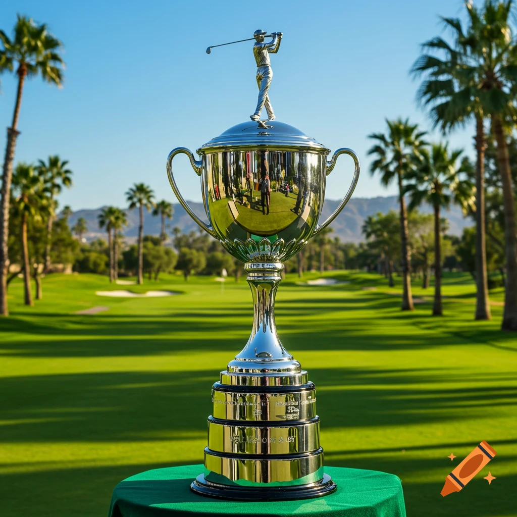 A photorealistic image of a silver golf trophy with a golfer figurine on top, placed on a green table on a golf course with palm trees.