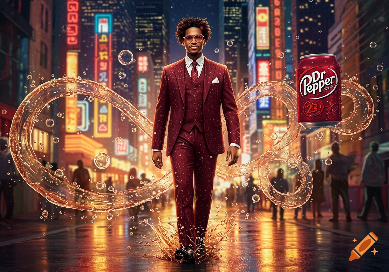 A stylish man in a red suit walks on a wet city street at night, with liquid splashing around him and a Dr. Pepper can floating nearby.