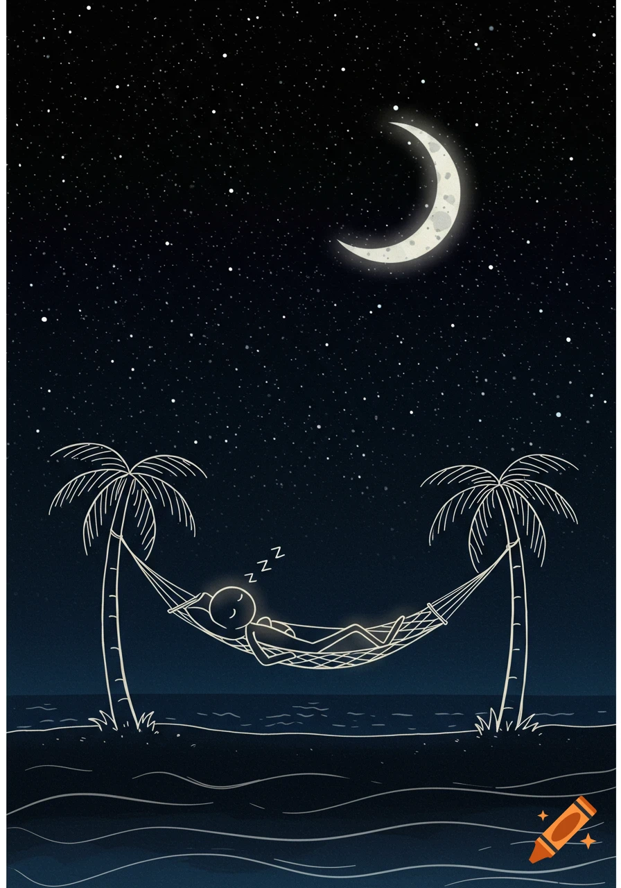 A minimalist illustration of a stick figure sleeping in a hammock between palm trees under a crescent moon and starry night sky.
