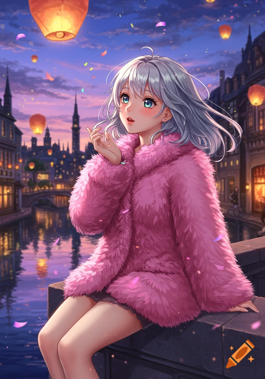 An anime girl with white hair and blue eyes, wearing a pink fluffy fur coat, sits by a canal in a city at dusk with sky lanterns.