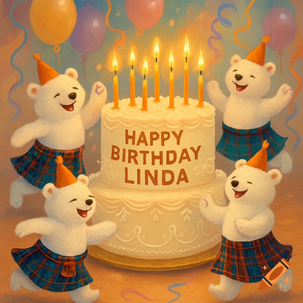 Four happy white bears in kilts and party hats celebrating around a two-tier birthday cake with candles, balloons, and streamers.