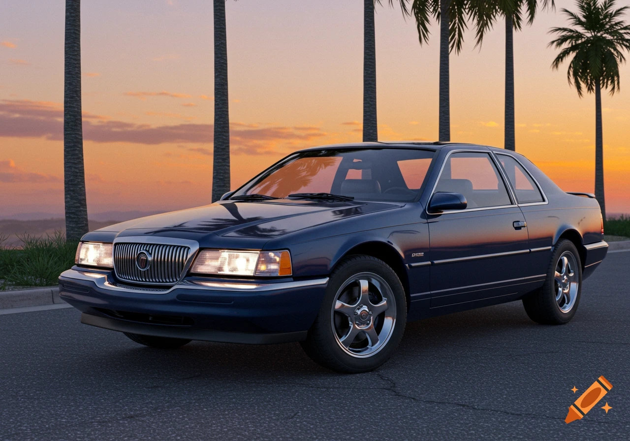 A dark blue 1995 Mercury Cougar coupe is parked on a road with palm trees and a sunset sky in the background, photorealistic style.