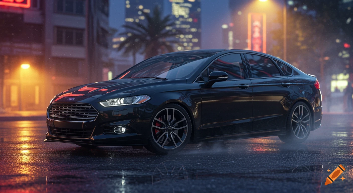 A black Ford sedan on a wet city street at night, illuminated by streetlights and neon signs, with reflections on the asphalt.