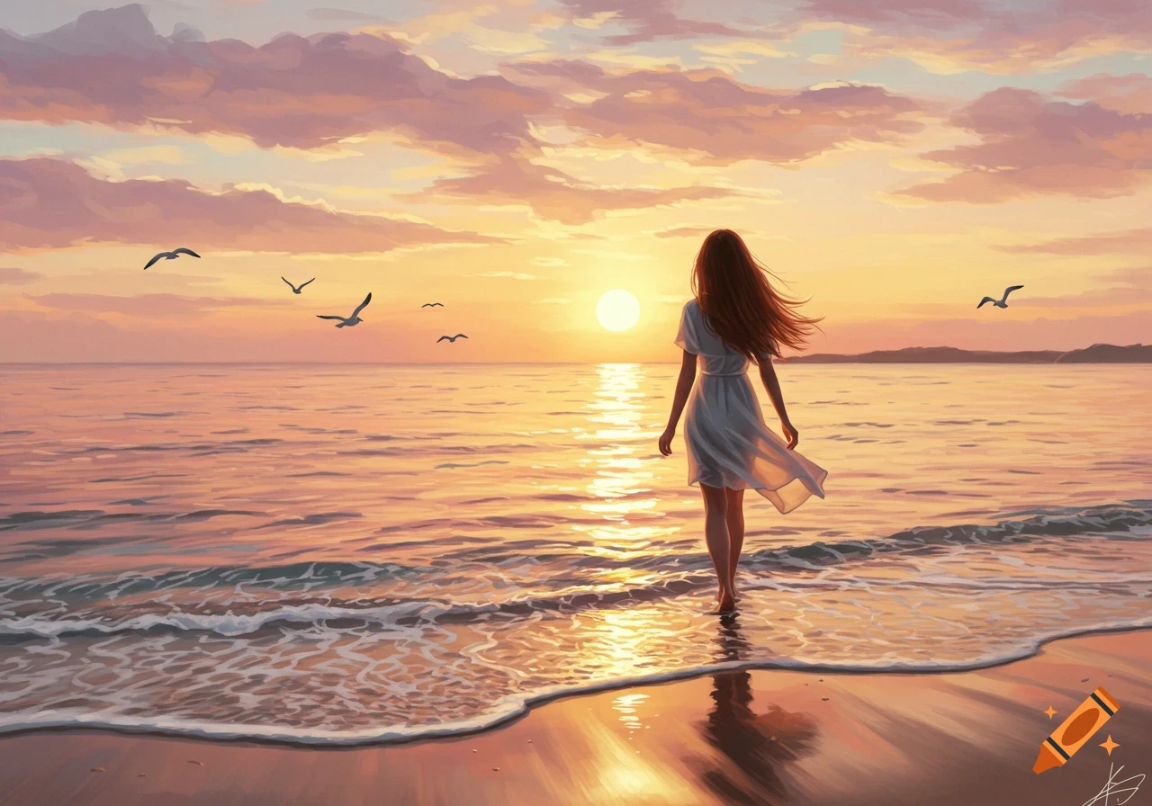 A woman in a white dress walks into the ocean at sunset, with birds flying in the pink and orange sky. Painting style.