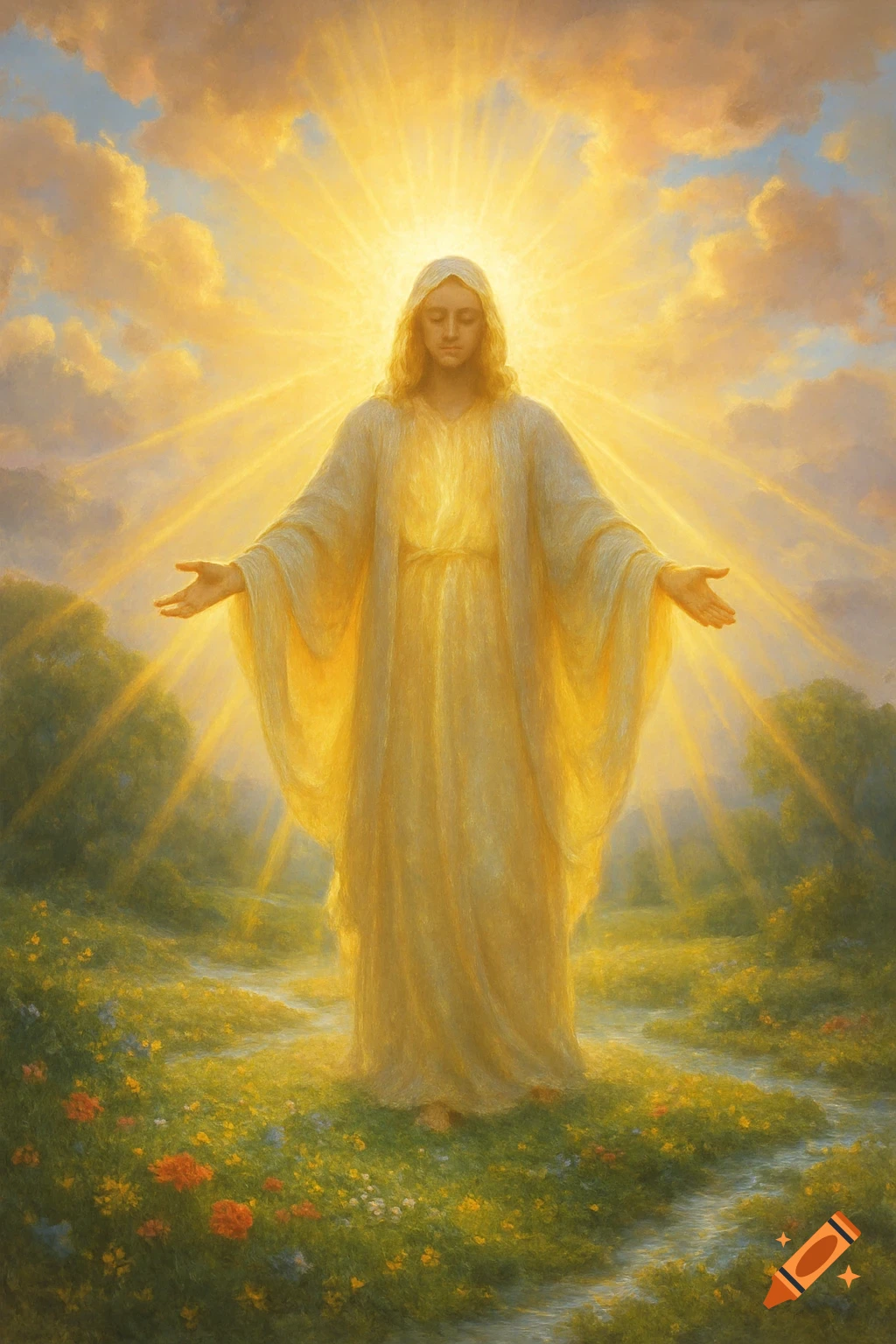 A glowing figure resembling Jesus with outstretched arms in a vibrant field of flowers under a radiant sky.