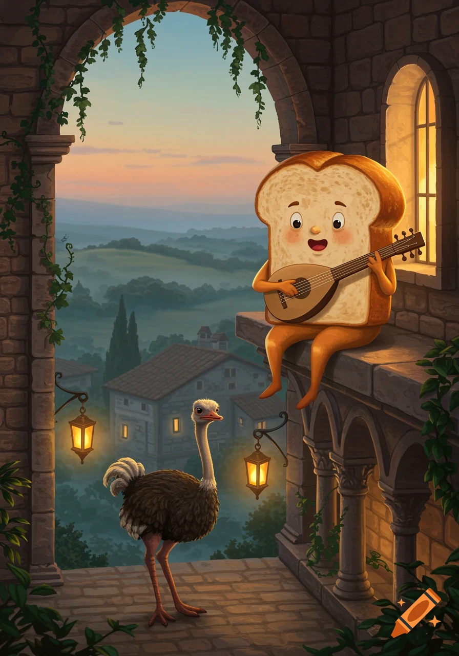 A whimsical bread slice plays a lute on a stone balcony, serenading an ostrich overlooking a misty valley at sunset.