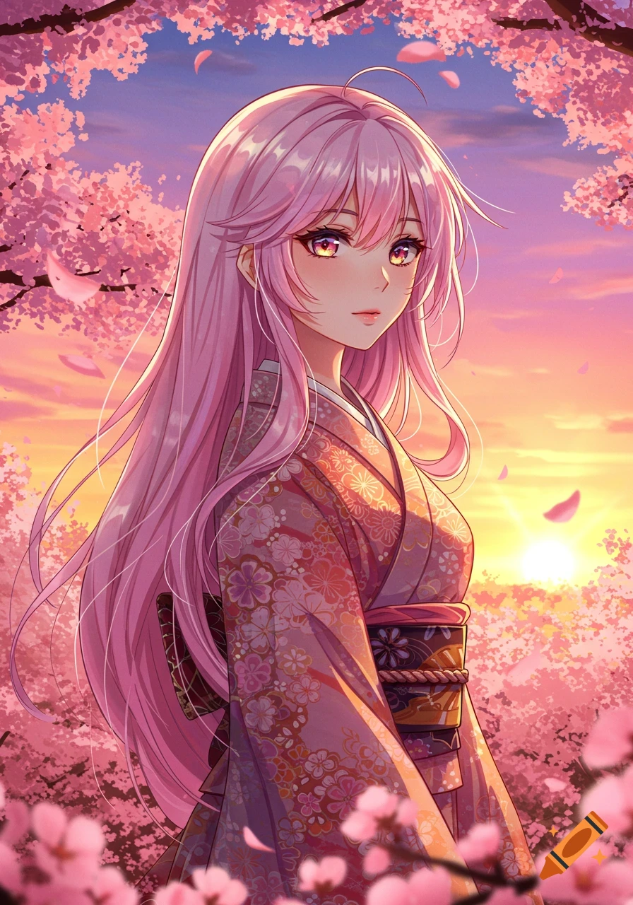An anime girl with long pink hair in a kimono stands among pink cherry blossoms at sunset, in an anime art style.