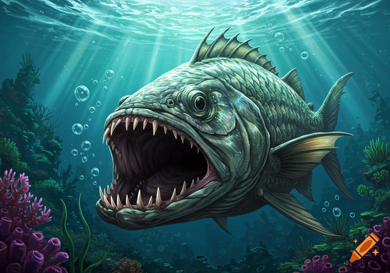 A stylized, ferocious-looking green fish with a wide-open mouth full of sharp teeth swims in clear blue-green underwater, surrounded by coral and bubbles.