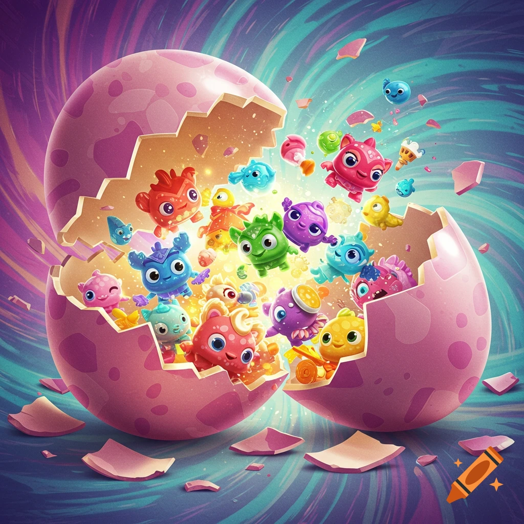 Colorful cartoon creatures with big eyes bursting out of a cracked pink egg against a swirling purple and blue background.