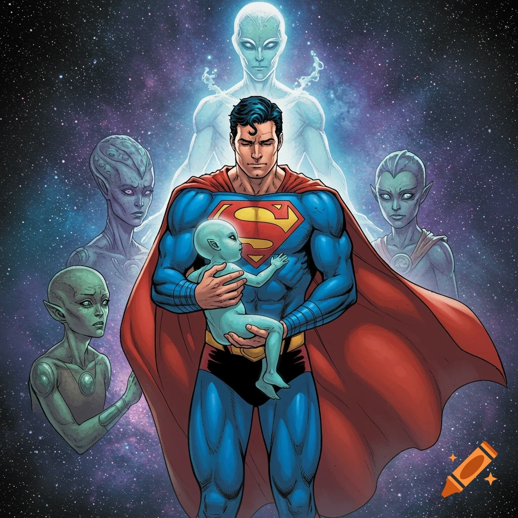 Superman in his classic suit holds a baby blue alien in space, with glowing adult aliens in the background. Comic book art style.