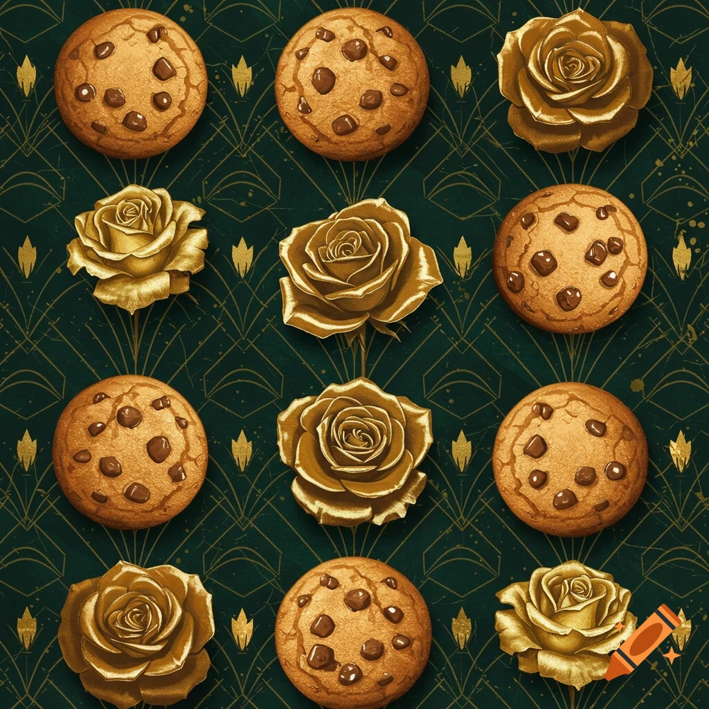A repeating pattern of golden chocolate chip cookies and golden roses on a dark green art deco background.