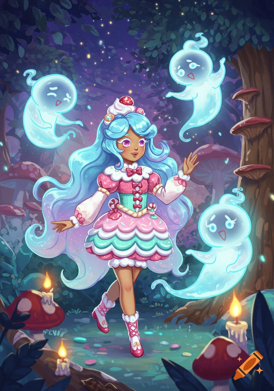 A vibrant cartoon illustration of a girl with long blue hair and a pink candy-themed dress, surrounded by glowing white ghosts in a mystical forest setting.