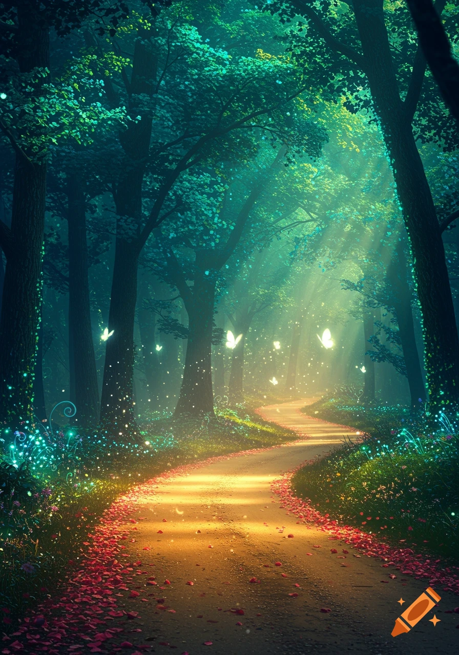 A magical forest path glowing with light, lined by trees and sparkling plants, with glowing butterflies floating in the air.