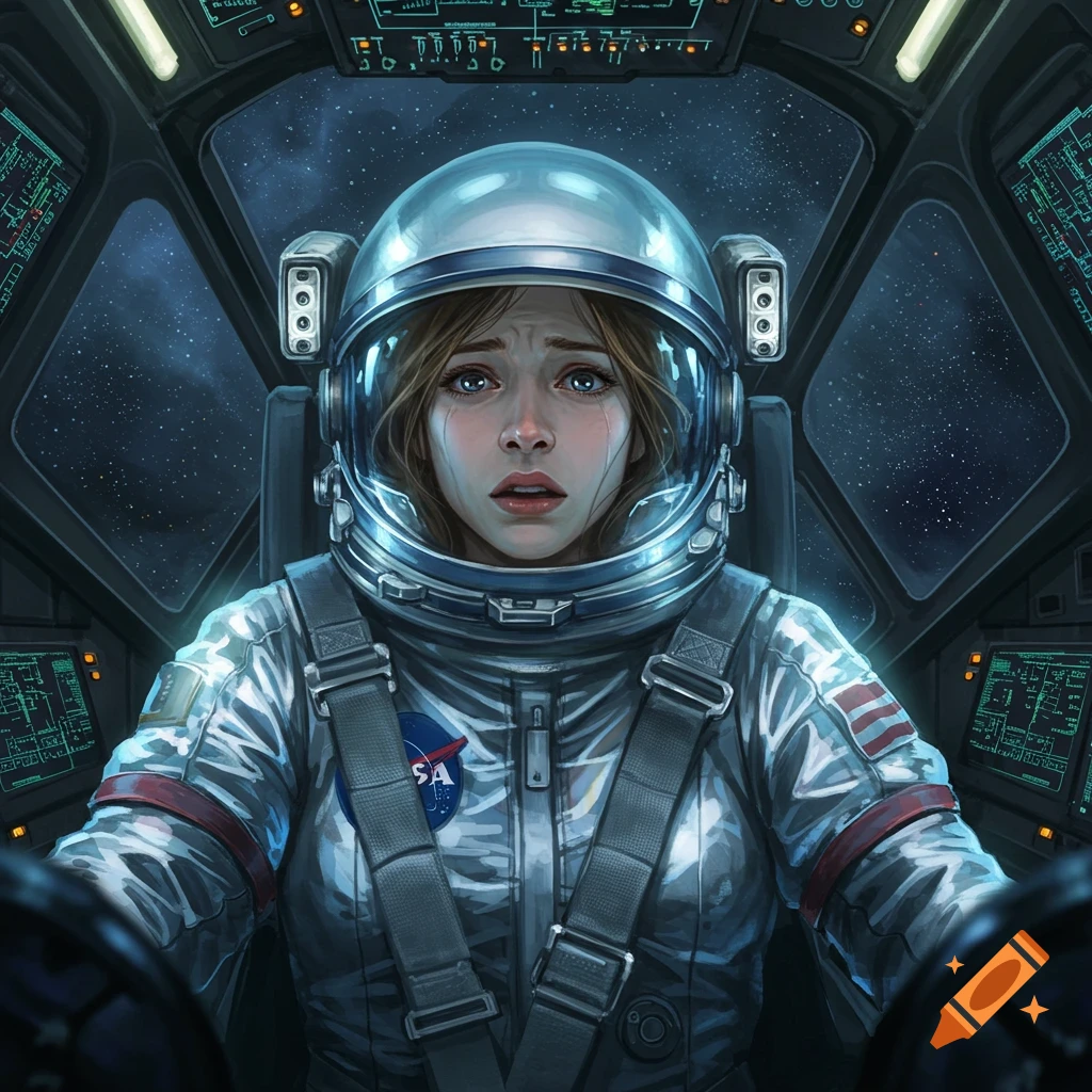 A scared woman in a silver NASA spacesuit sits in a detailed space capsule cockpit, looking out at space.