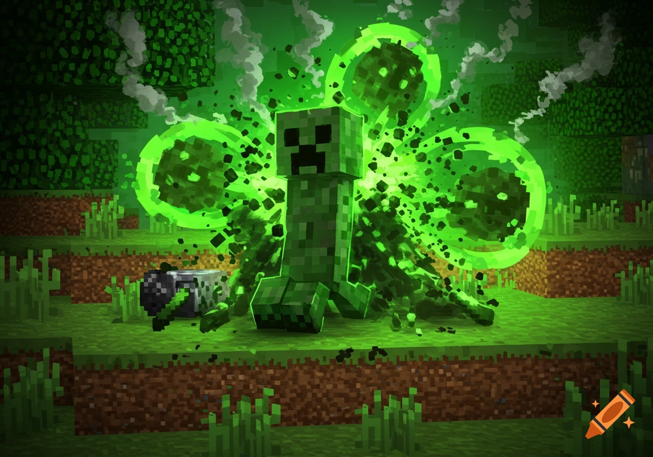 A Minecraft Creeper explodes in a vibrant green blast in a blocky landscape.