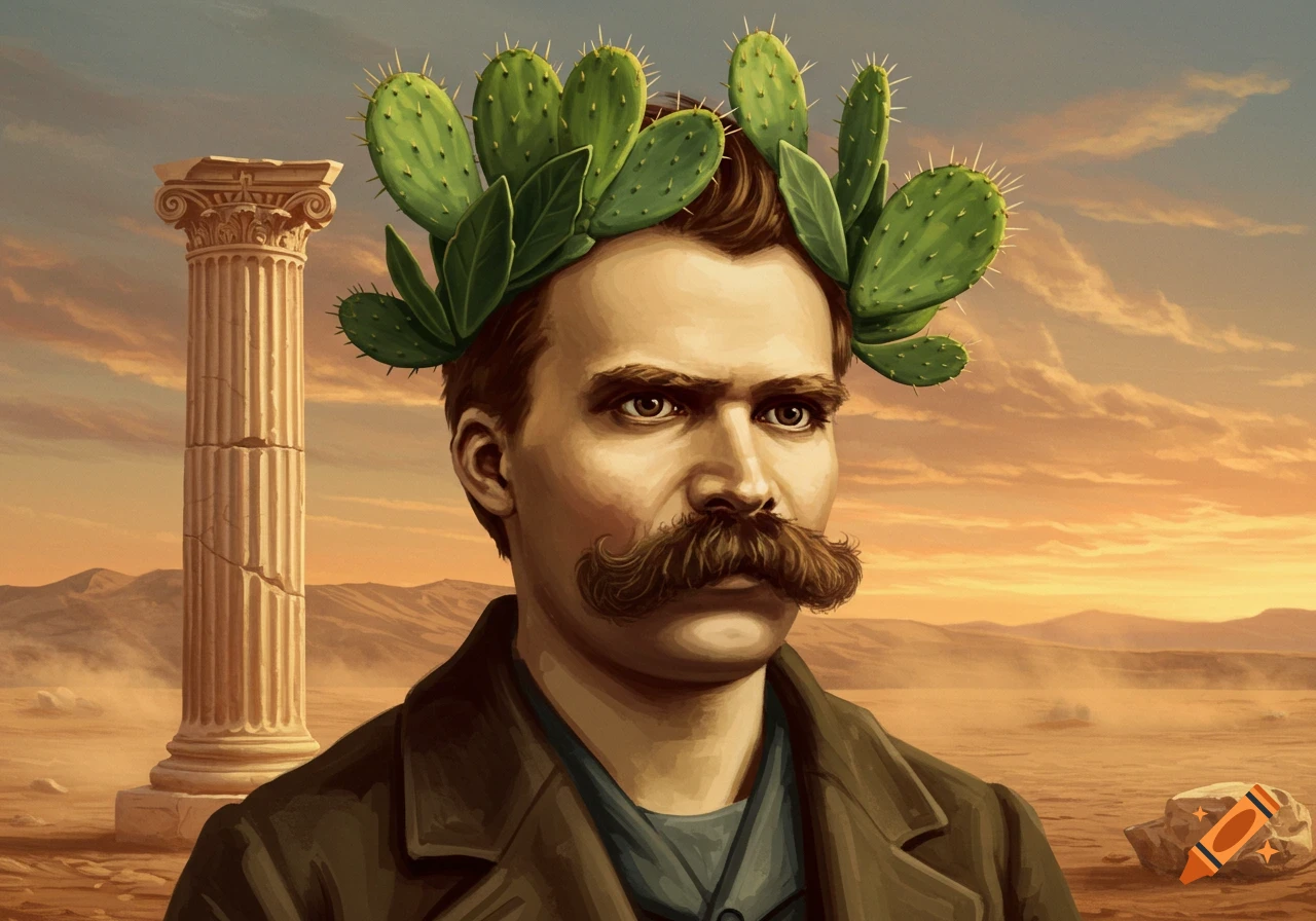 A stylized portrait of philosopher Friedrich Nietzsche wearing a prickly pear cactus wreath, standing in a desert with a Roman column at sunset.