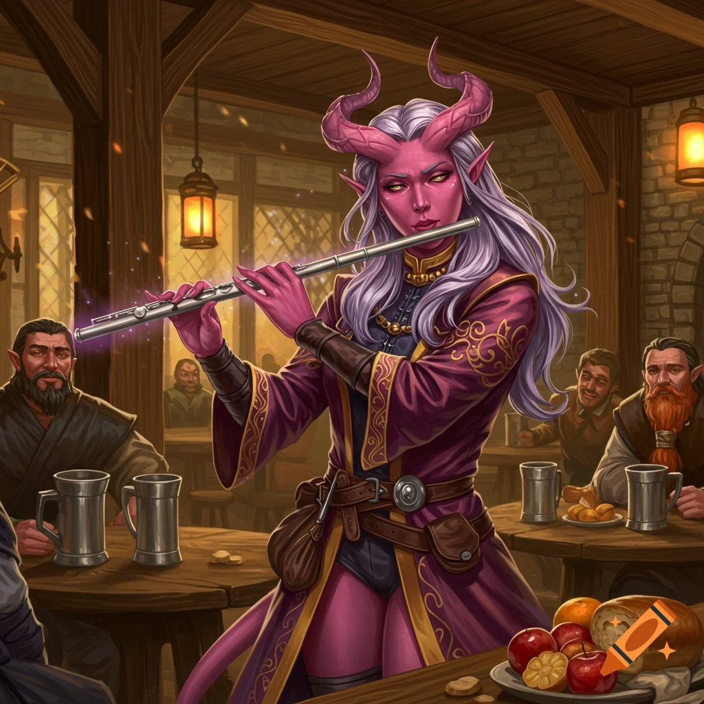 A pink-skinned tiefling woman with purple hair plays a silver flute in a bustling rustic tavern, surrounded by patrons.
