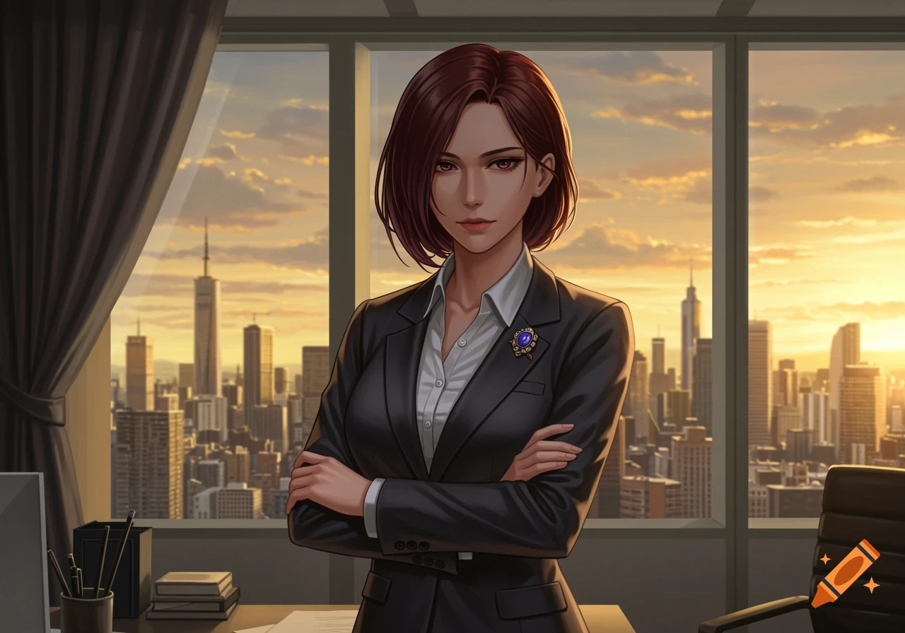 An anime-style woman in a business suit stands in an office looking out at a city skyline at sunset.