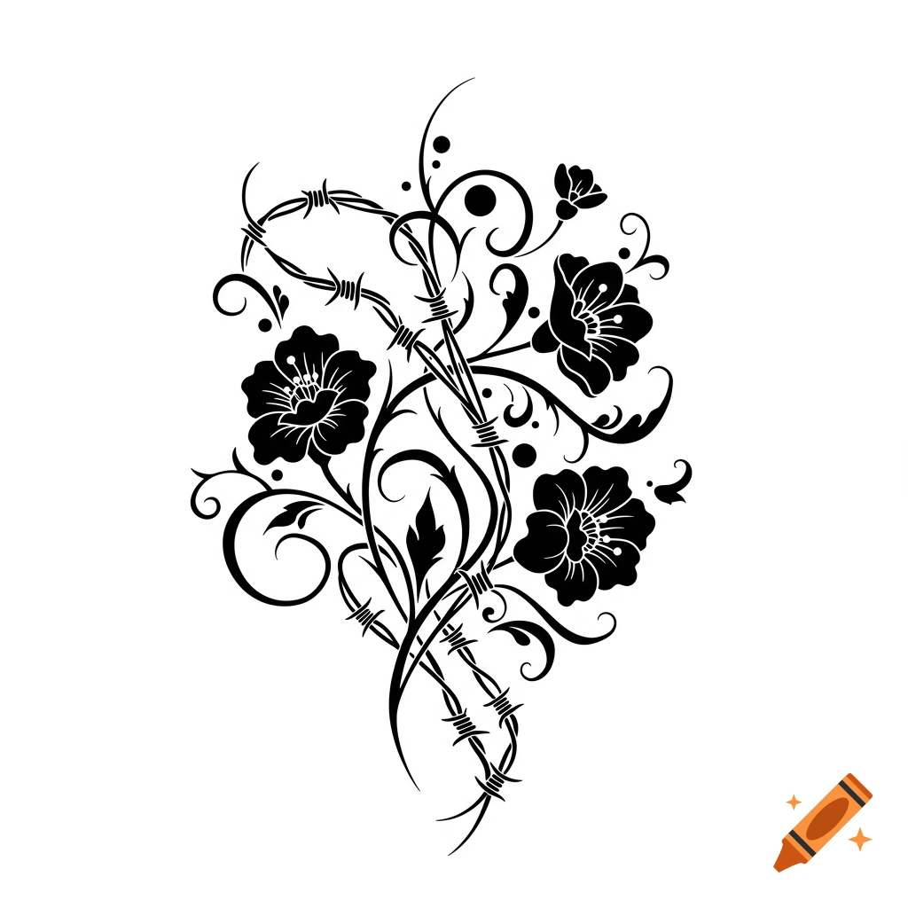 Stylized black and white illustration of flowers and vines intertwined with barbed wire.