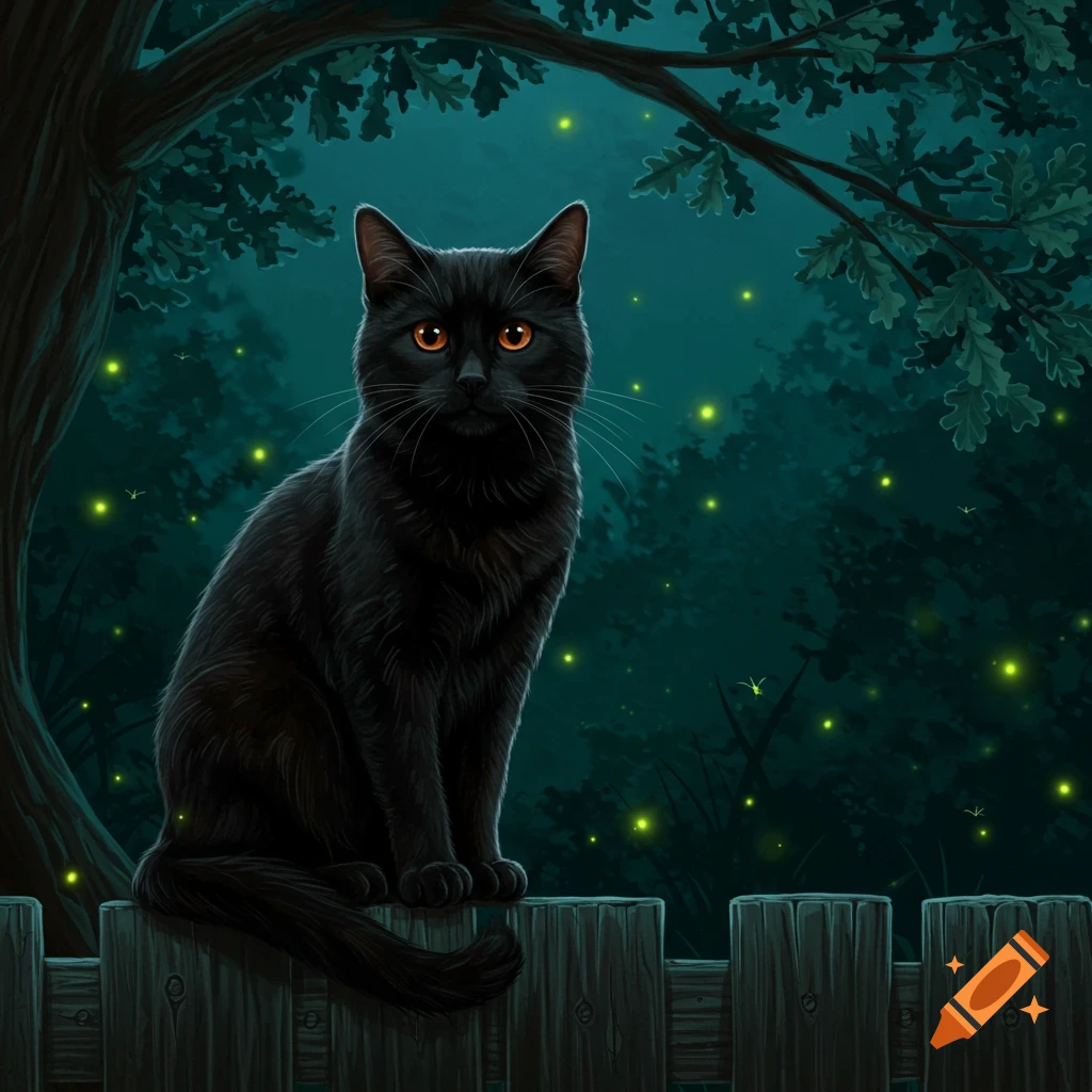 A black cat with bright copper eyes sits on a wooden fence at night, with glowing fireflies in the dark forest background.