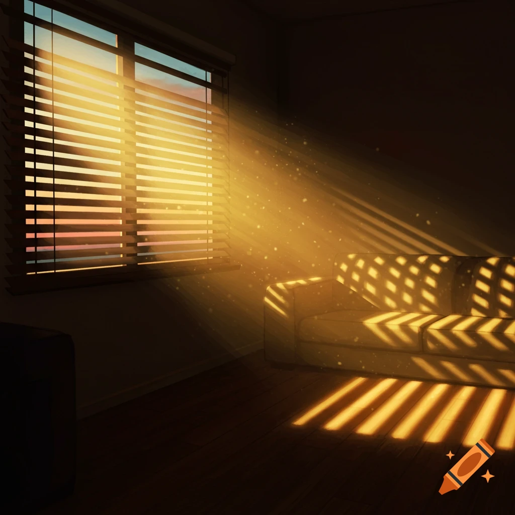 Golden sunset light streams through window blinds into a dark room, casting striped shadows on a couch and floor.