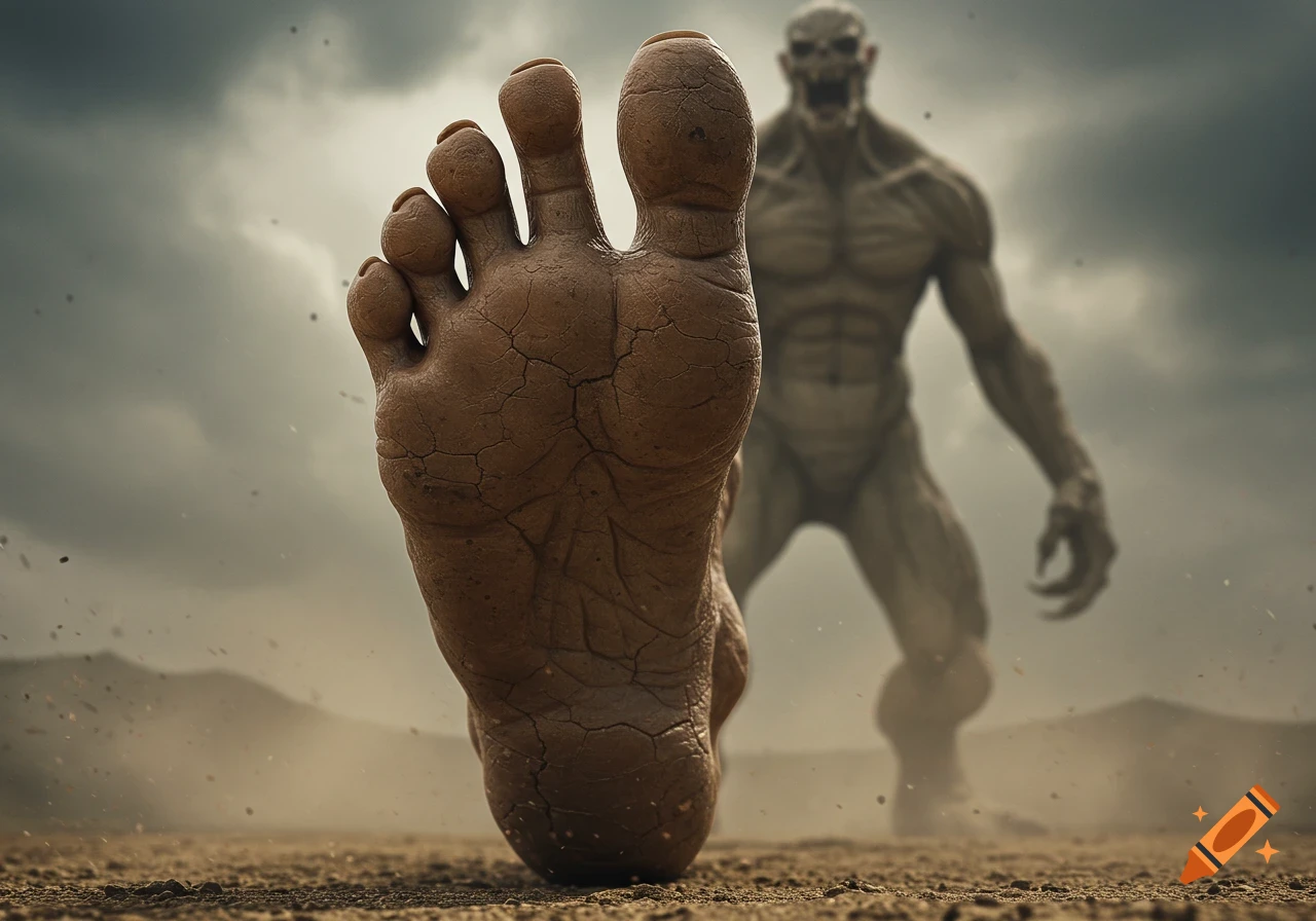 A massive, hyper-realistic monster foot looms over the camera on dusty ground, with a shadowy monster in the blurred background under an overcast sky.