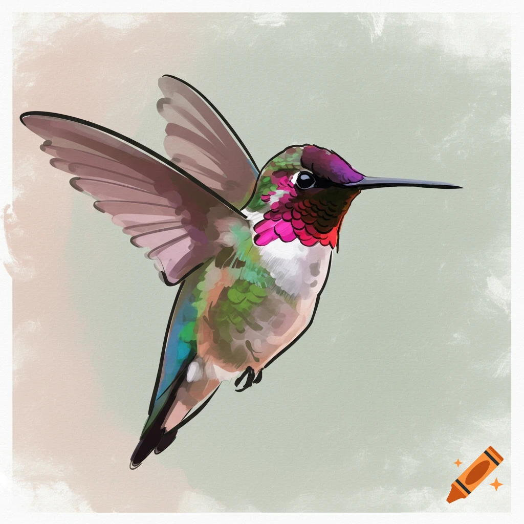 A stylized illustration of a hummingbird with vibrant pink, green, and purple plumage, against a muted background.