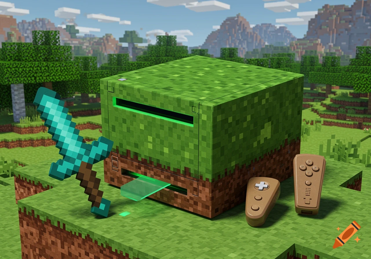 A custom Minecraft-themed Nintendo Wii console shaped like a grass block, with a glowing green disc slot. A diamond sword and two blocky brown controllers are next to it on a pixelated grass block surface with a Minecraft landscape background.