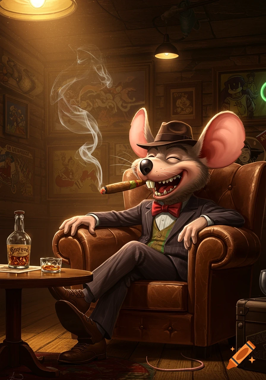 A cartoon rat resembling Chuck E. Cheese, dressed in a suit and fedora, sits in an armchair smoking a cigar and laughing, with a bottle of whiskey and glass on a table beside him in a dimly lit room.