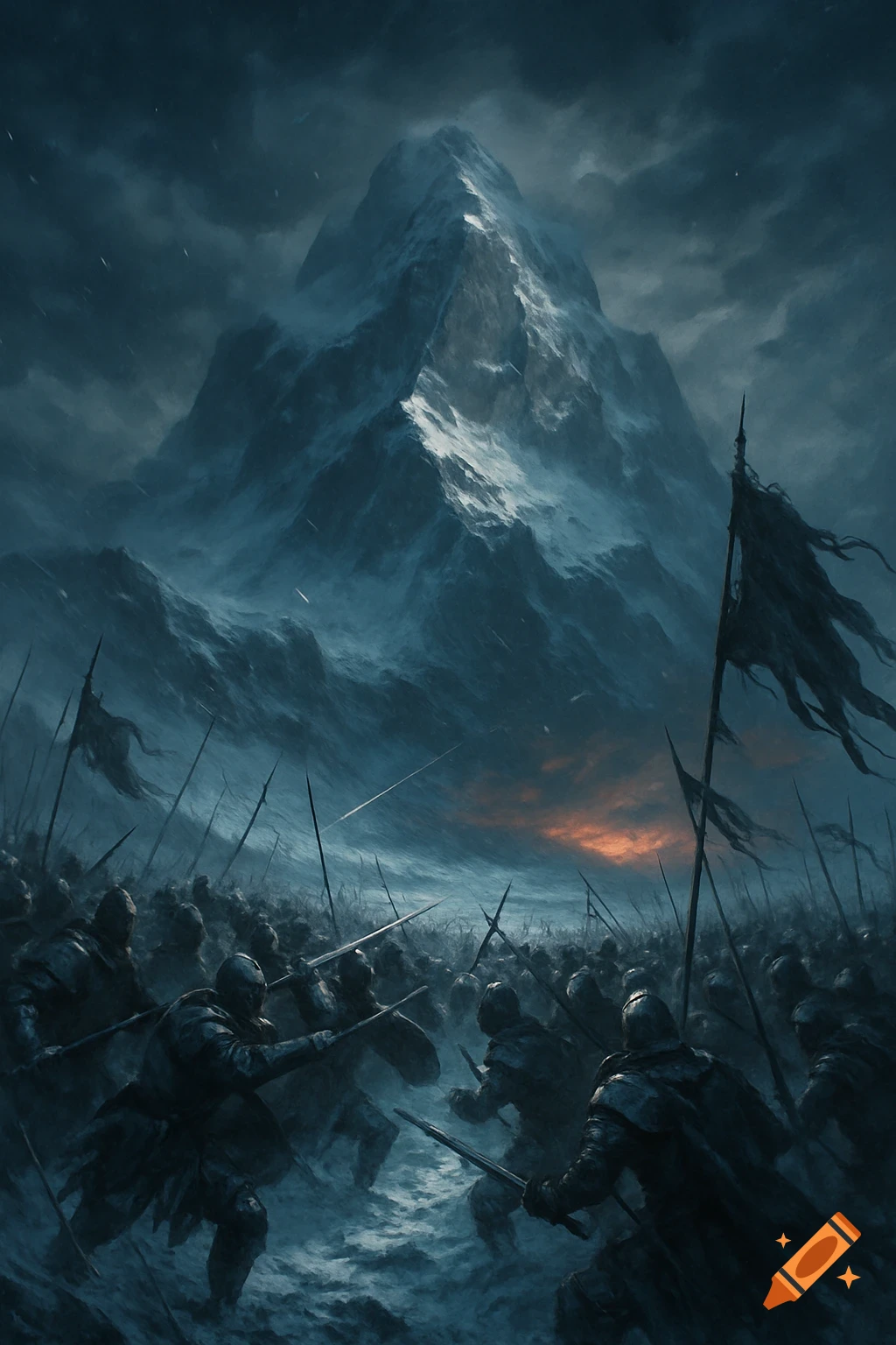 An army of soldiers battles at the base of a stormy, snow-covered mountain under a dark sky with an orange horizon. Epic fantasy art.