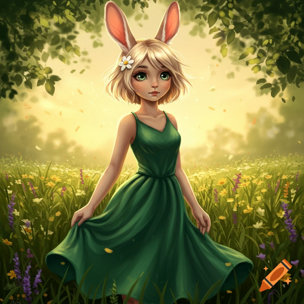 An illustrated bunny girl with blonde hair and a green dress stands in a vibrant wildflower field with trees and a golden sunset.