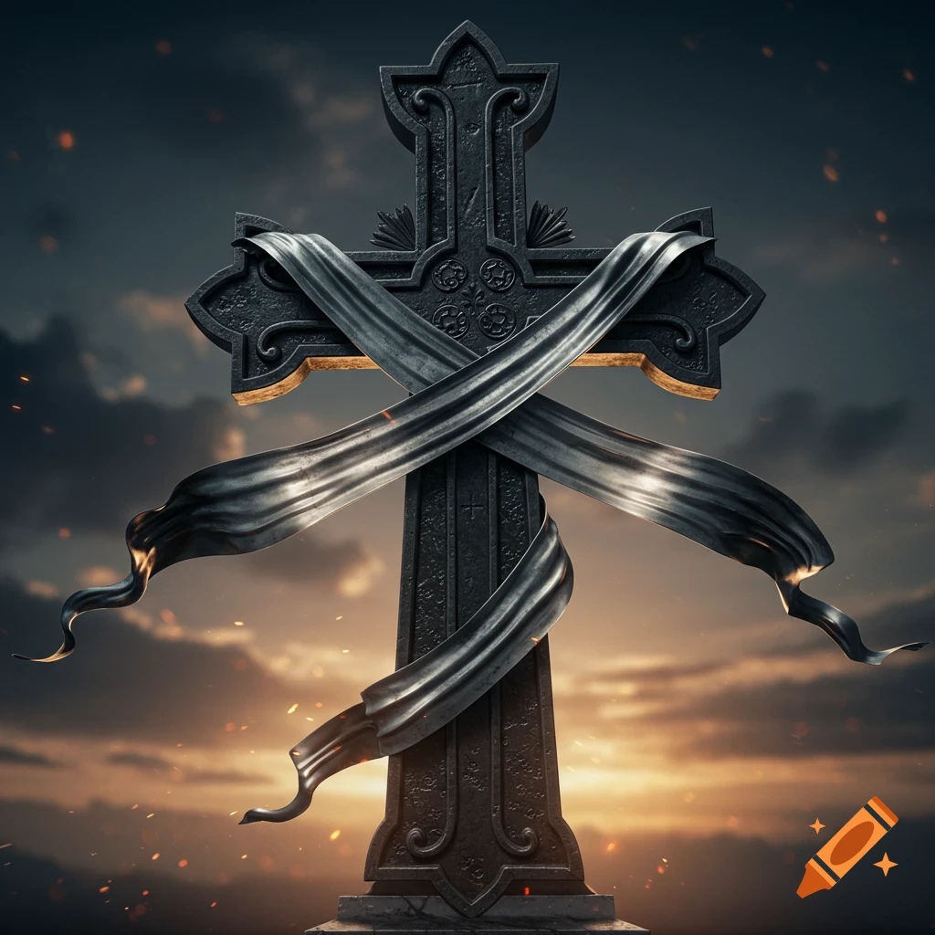 A dark, ornate cross wrapped in metallic grey fabric against a dramatic, fiery sunset sky.