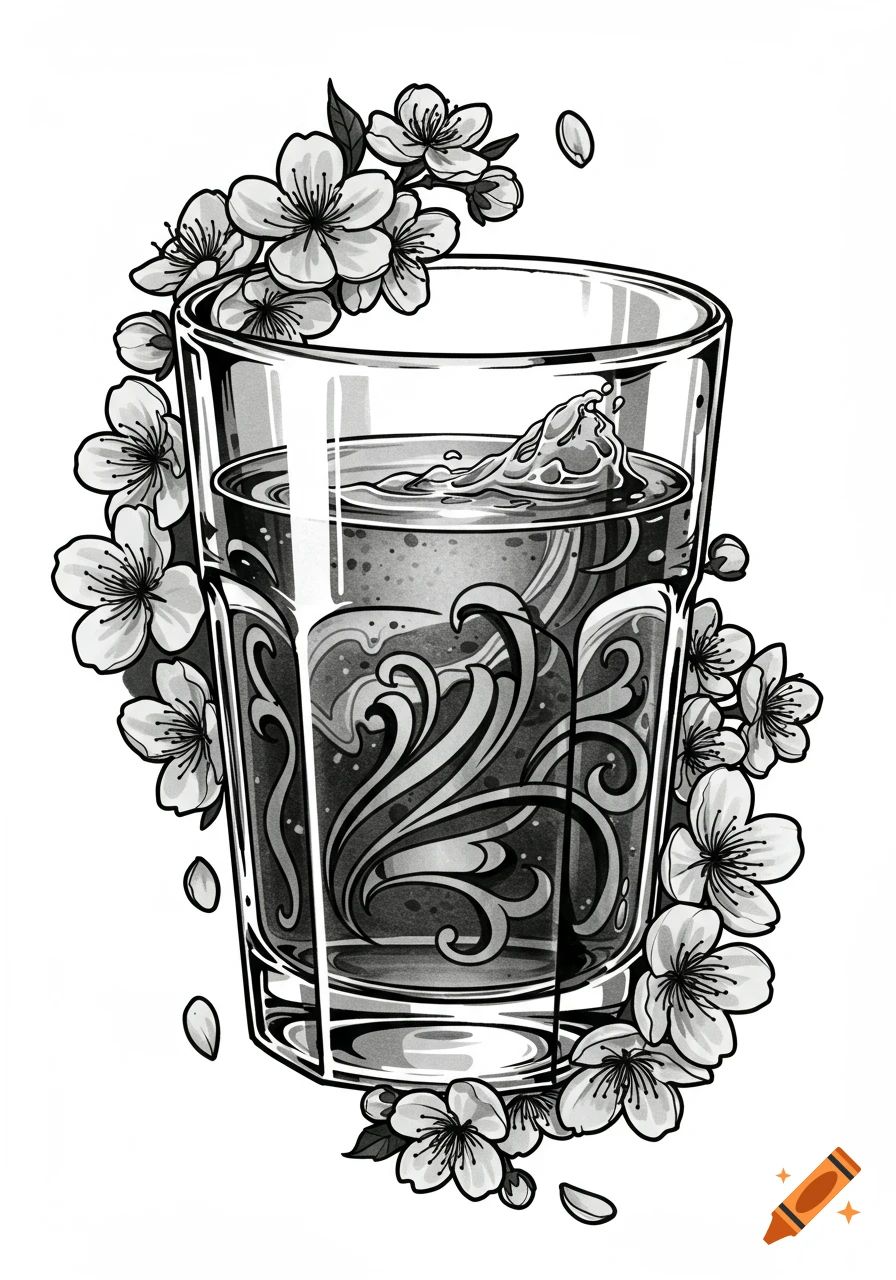 A black and white illustration of a glass with swirling liquid and a splash, surrounded by cherry blossoms and falling petals, in a tattoo style.