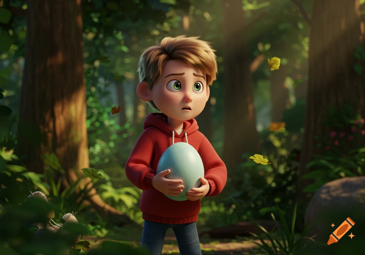 A worried animated boy in a red hoodie holds a large light blue egg in a sunlit forest.