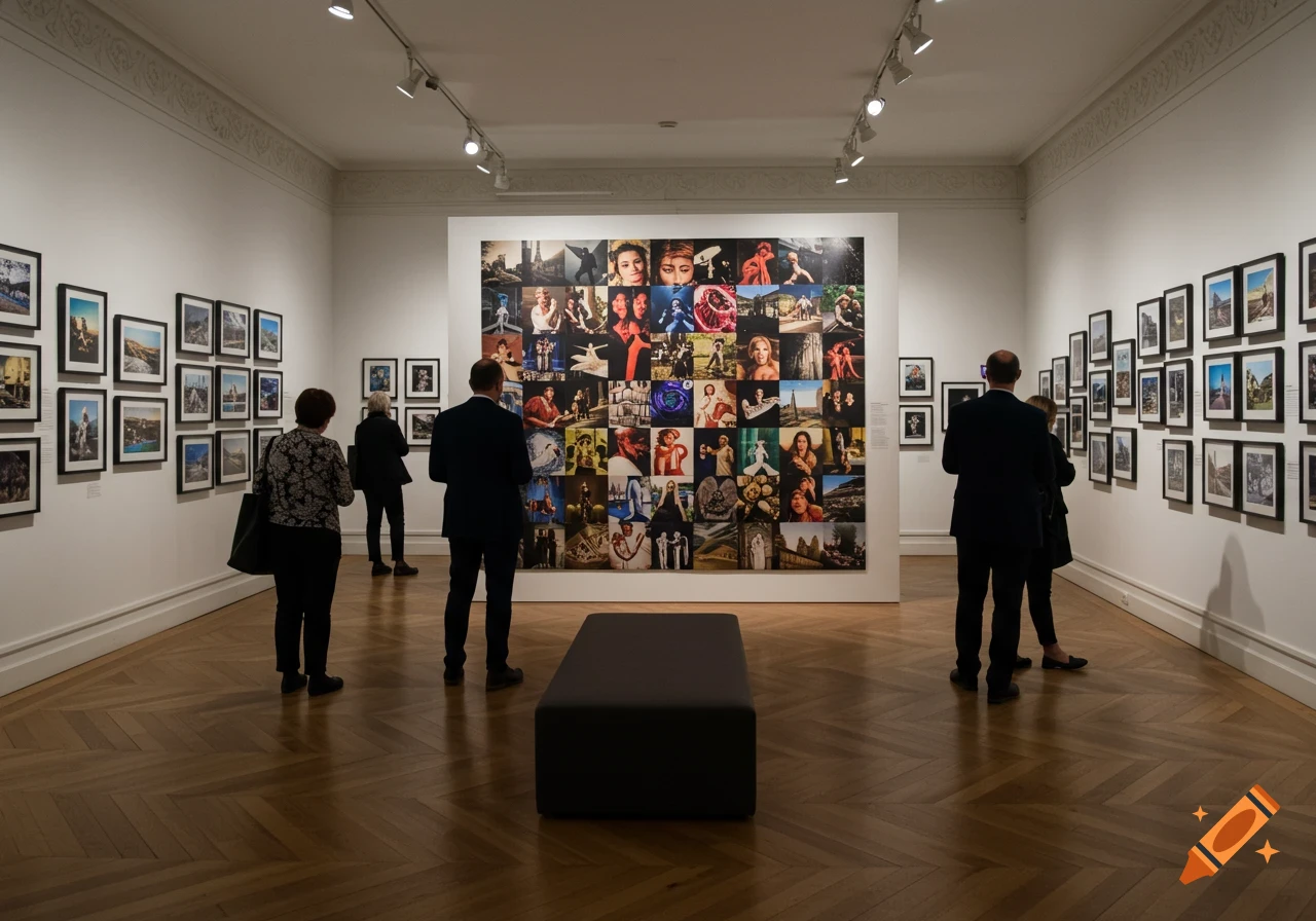 A photorealistic image of an art gallery with people viewing a large collage of photos and other framed pictures on the walls.