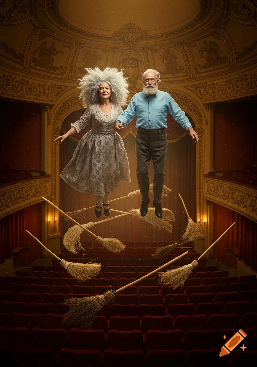 An older couple, a woman with large curly hair and a man with a beard, float above many brooms in a grand, empty vaudeville theater.
