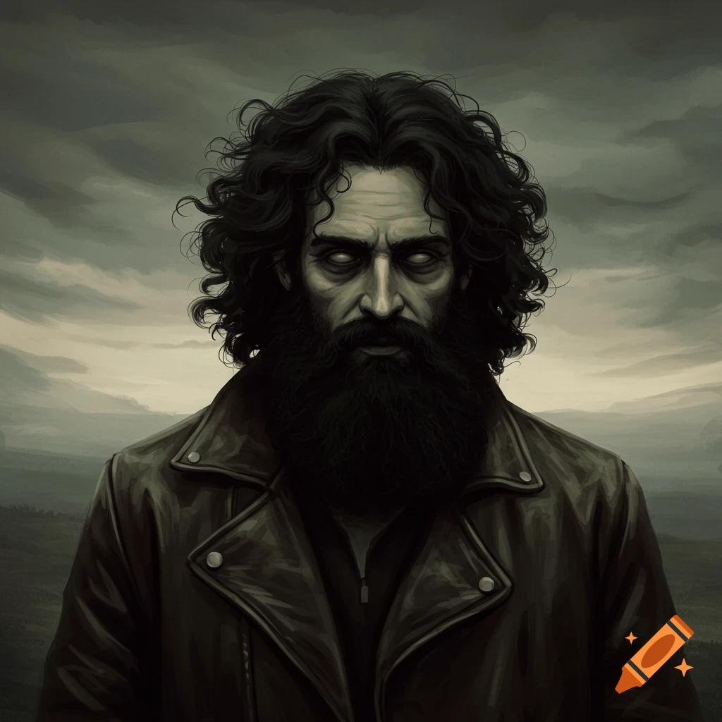 A man with dark curly hair and a full black beard, wearing a leather jacket, with blank white eyes and a gloomy expression under a dark sky.