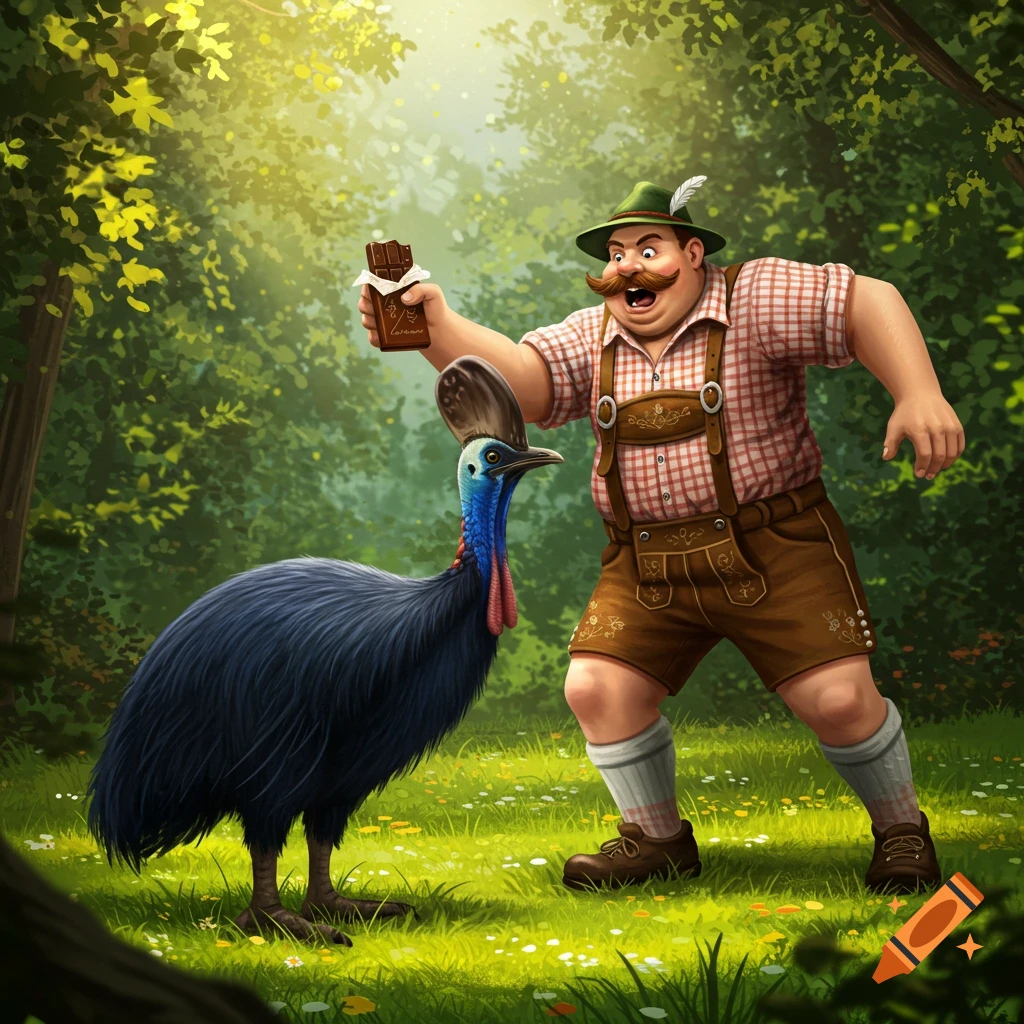 A cartoon man in lederhosen holding a chocolate bar towards a cassowary in a sunlit forest.